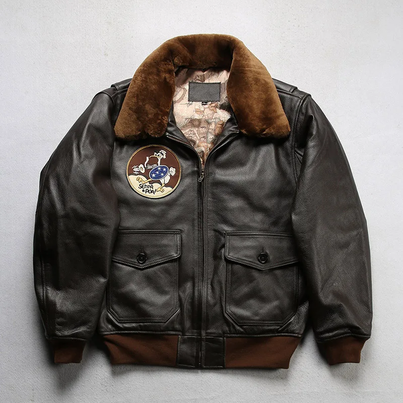 Men\'s Genuine Leather G-1 Flight Jacket Large Size Winter Warm Fur Collar Thick Cowhide Coat