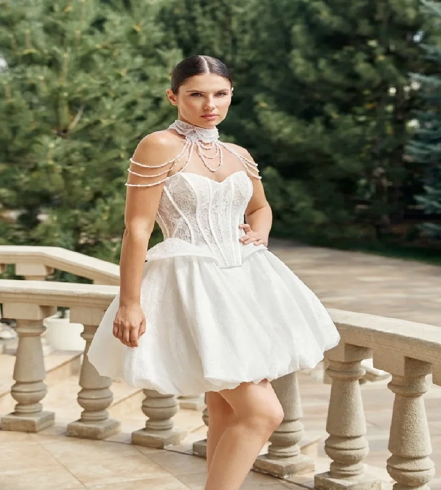Civil Short Wedding Dress 2027 Pearl Chain Halter Neck Bubble Lace Boho Bridal Dress Elegant Beach Elopement Photoshoot Custom