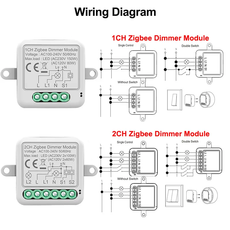 Tuya ZigBee 3.0 Smart Dimmer Switch Module Supports 2 Way Control Dimmable Switch Work with Alexa Google Home Smart Life Gateway