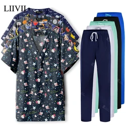 100% Cotton Cute Cartoon Print Nurse Uniforms Women Men T-shirts Pocket Casual Short Sleeve Pullover V-neck Scrubs Tops Workwear
