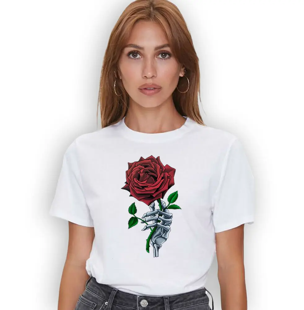 Red Rose T-shirt, Hand Red Rose Flower Shirt, Skeleton Hand Red Flower T-shirt Unisex T-shirts For Man Woman Short Summer Tees