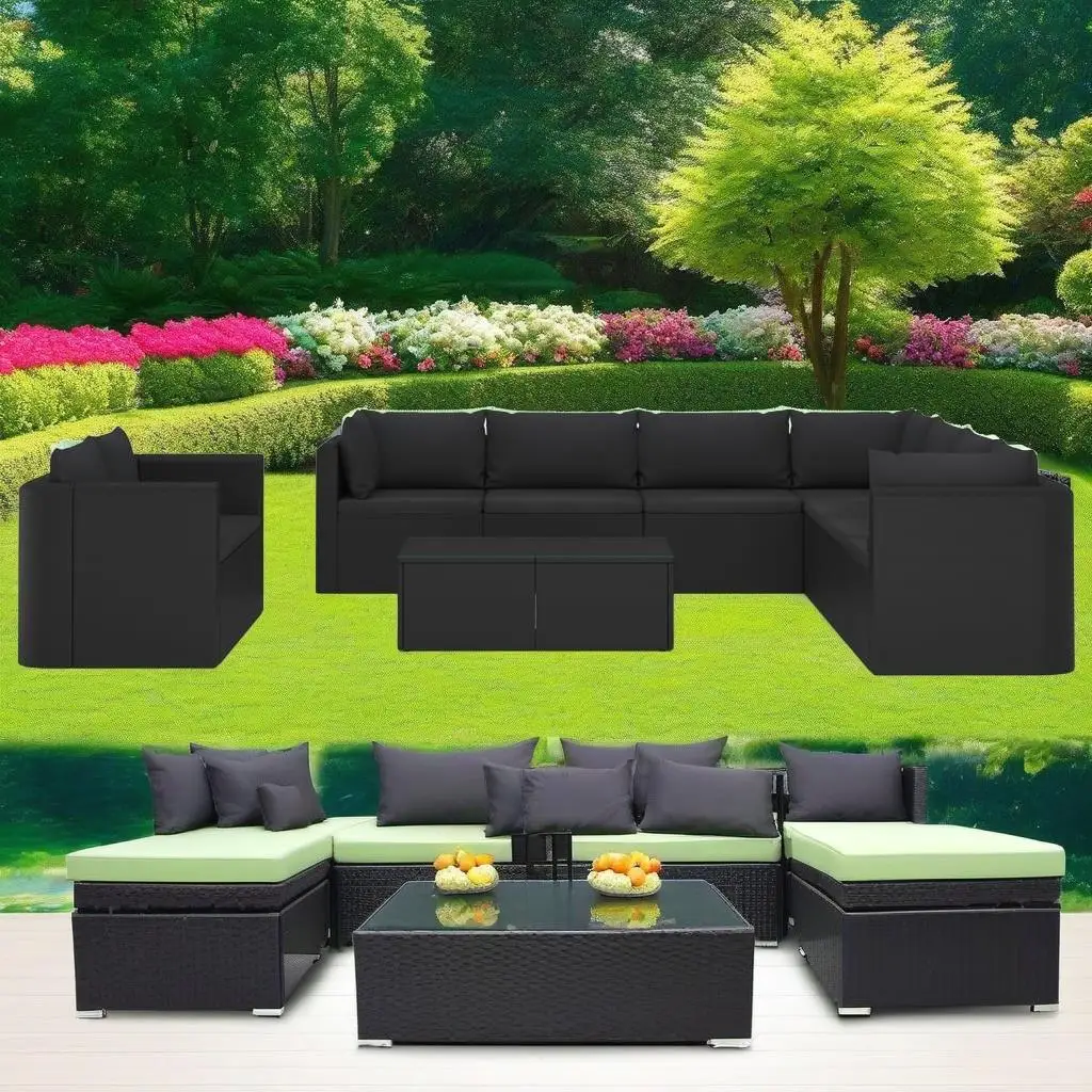 

11-Piece Black Poly Rattan Patio Lounge Set with Cushions - Outdoor Furniture for Garden & Balcony