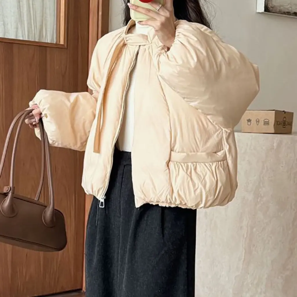 

Women's Korean Style Short Cotton Outwear round Neck Loose Fit Warm Bread Design Fashionable Winter Top New Arrival