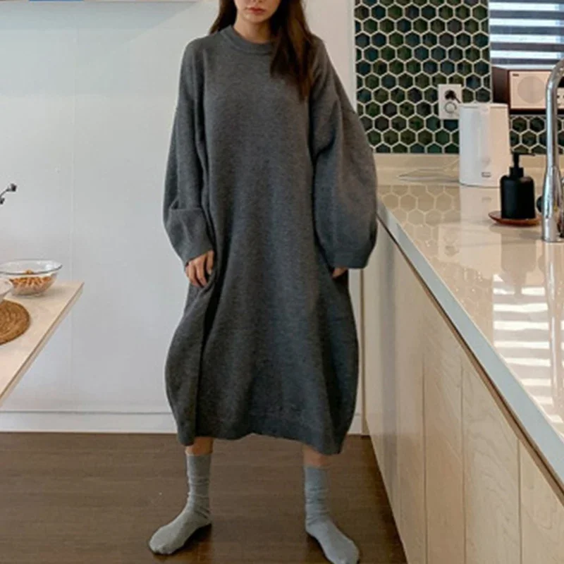 SHIJIA Long Sweater Dress Woman Autumn O-neck Gray Thicken Loose Knitted Vestido Ladies Winter Oversized Knitwear