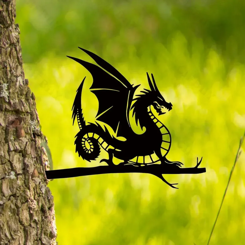 الطيور المعدنية/الكلاب/التنين/الجنوف على فرع، صورة ظلية فولاذية معدنية شجرة الطيور الفن حديقة الفناء الخلفي ديكور خارجي