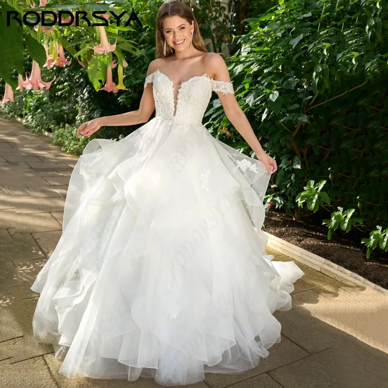 RODDRSYA-vestidos de novia de tul con volantes, traje elegante con hombros descubiertos, línea A, Espalda descubierta, boda sirena 2024 vestidos de novia de tul con volantes, traje elegante con hombros descubiertos, lí