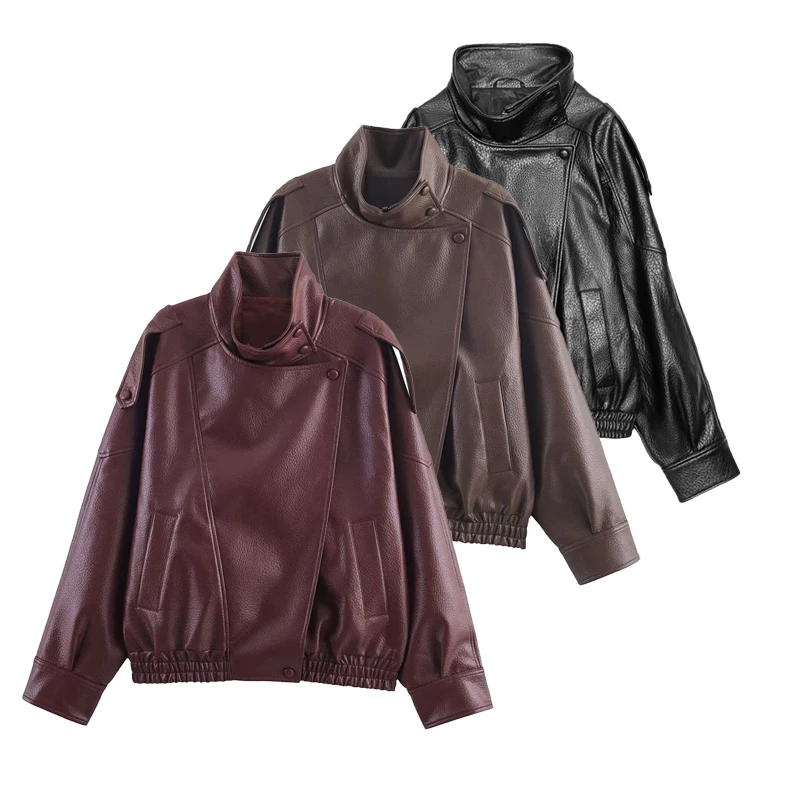 

Женская кожаная куртка в стиле ретро, мотокуртка с воротником-стойкой, фактурная одежда, свободная байкерская куртка, повседневная уличная верхняя одежда
