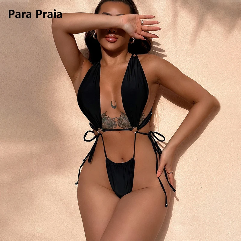 

Para Praia Halter High Cut One Piece Swimsuit 2024 Cut Out Monikini Drawstring Bandage Swimwear Sexy Backless Thong Bathing Suit