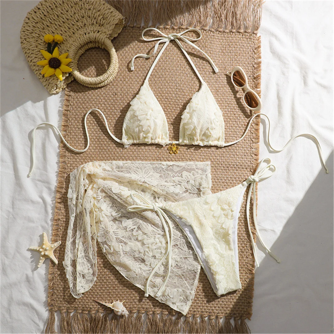 3-teiliges Set mit Sarong, Blumenmuster, Spitze, Neckholder-Bikini, Damen-Badebekleidung, dreiteiliger Bikini, Badeanzug, Badebekleidung, Schwimmbekleidung V8277 – Detail 2