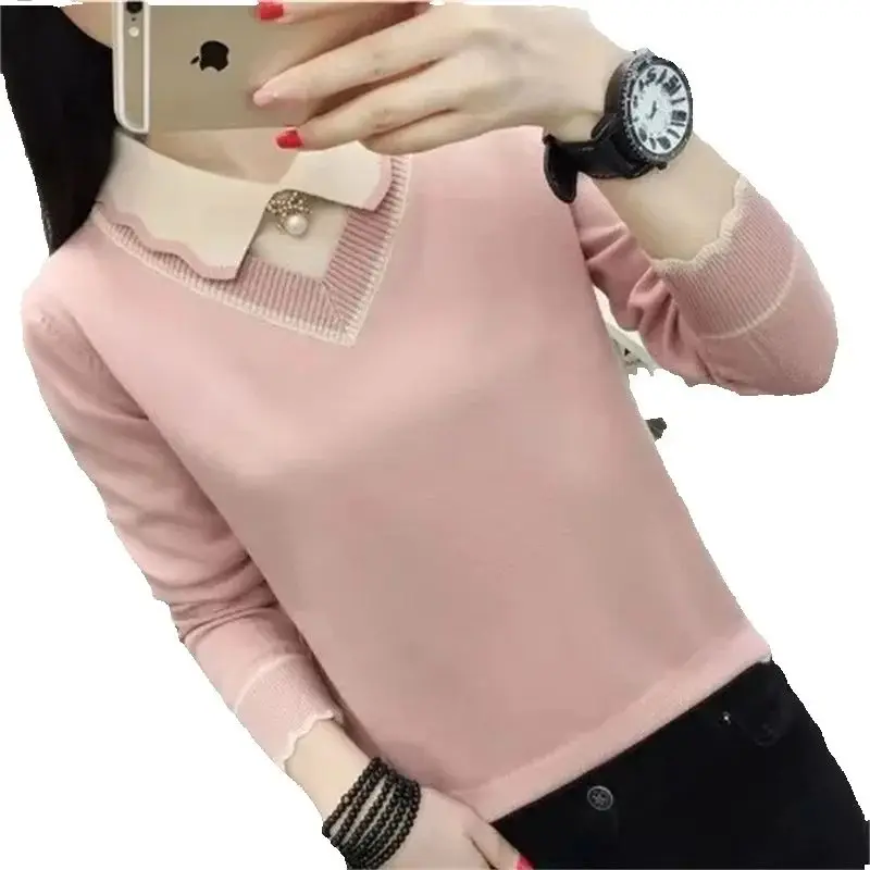 Otoño Invierno mujer suéter pulóver nueva moda costura solapa cuello de manga larga Pull suéter de punto mujer Jumper Tops