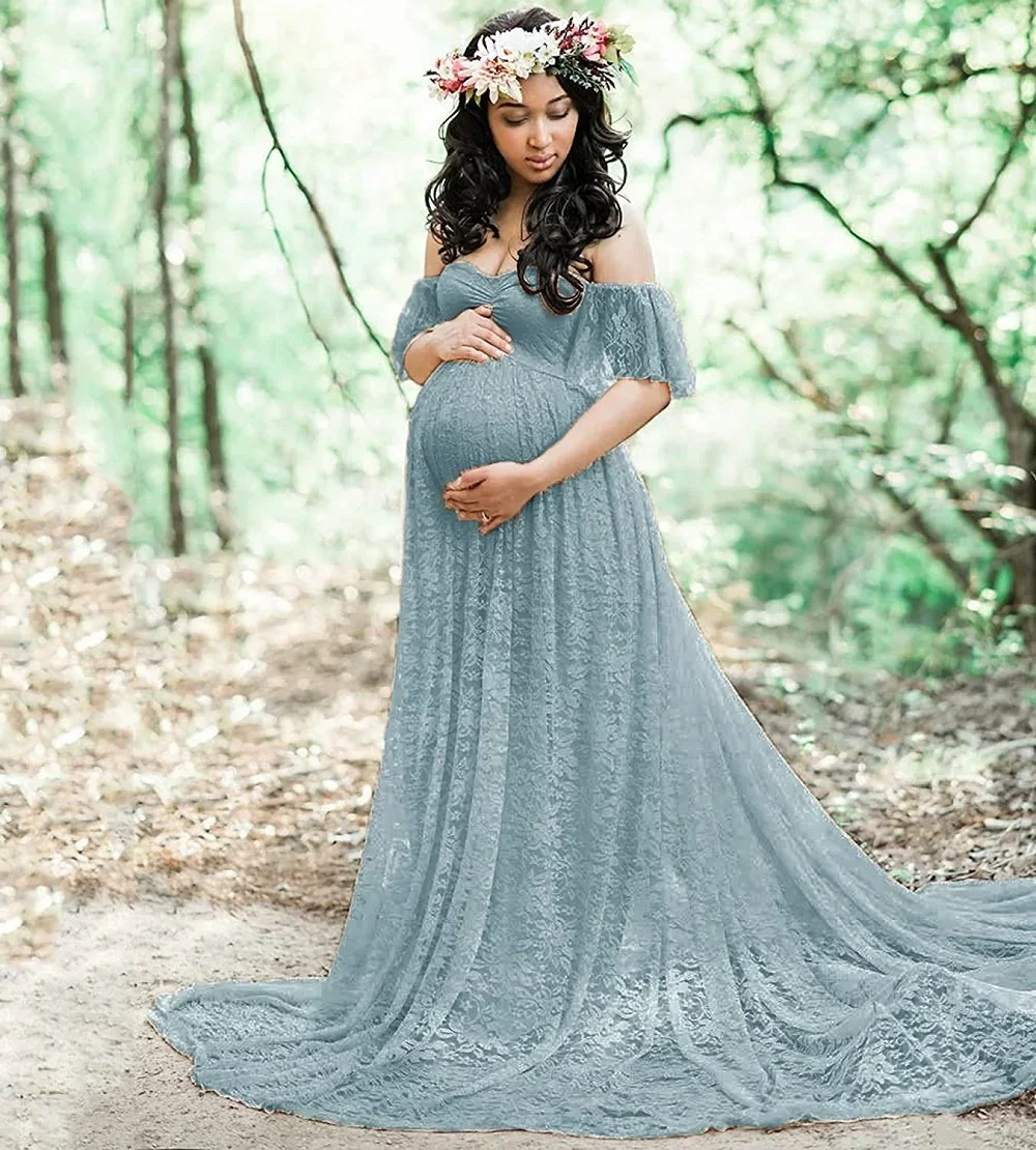 Maternity Photography Props Floral Lace Dress Fancy Pregnancy Gown Off Shoulder Ruffle for Baby Shower Photo Shoot Photoshoot