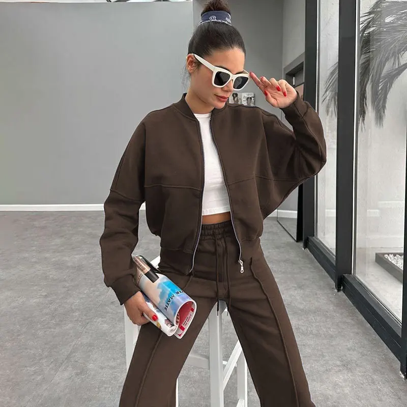 Training Set Women 2024 Autumn Long Sleeve Coat High Waist Wide-leg Long Pants Set Female Fashion Casual Clothes Lady Solid Suit