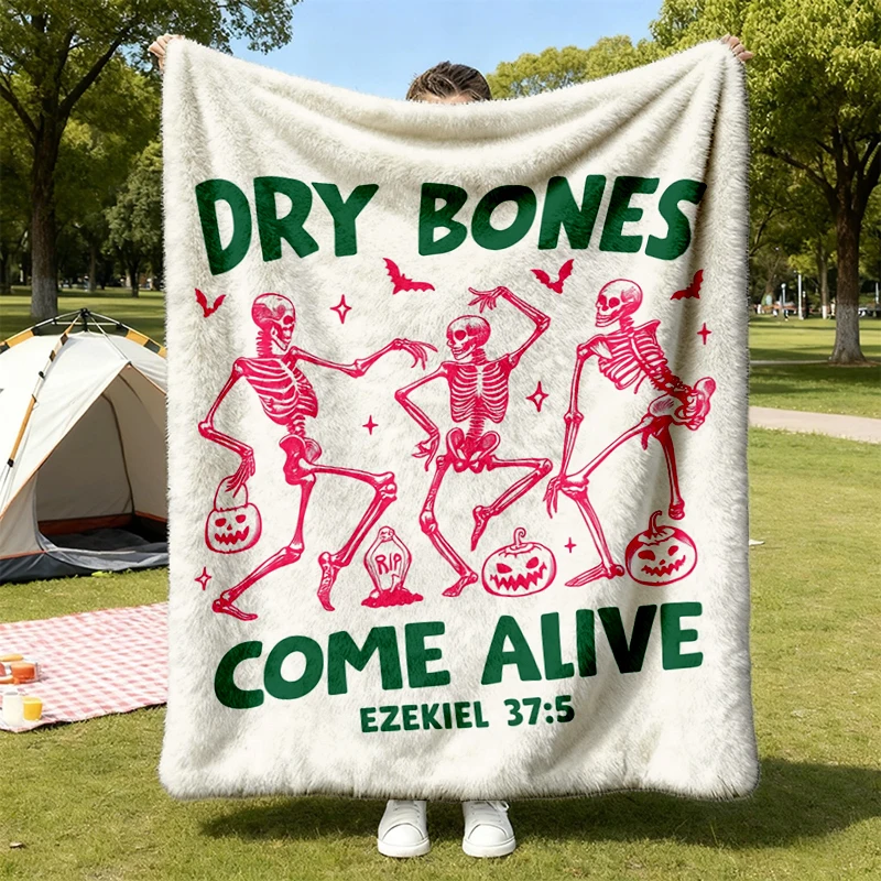 Christian Halloween Comfy Blanket: Dry Bones Come Alive Dancing Skeleton, Fall Jesus Flannel Blanket, Bible Verse Flanne