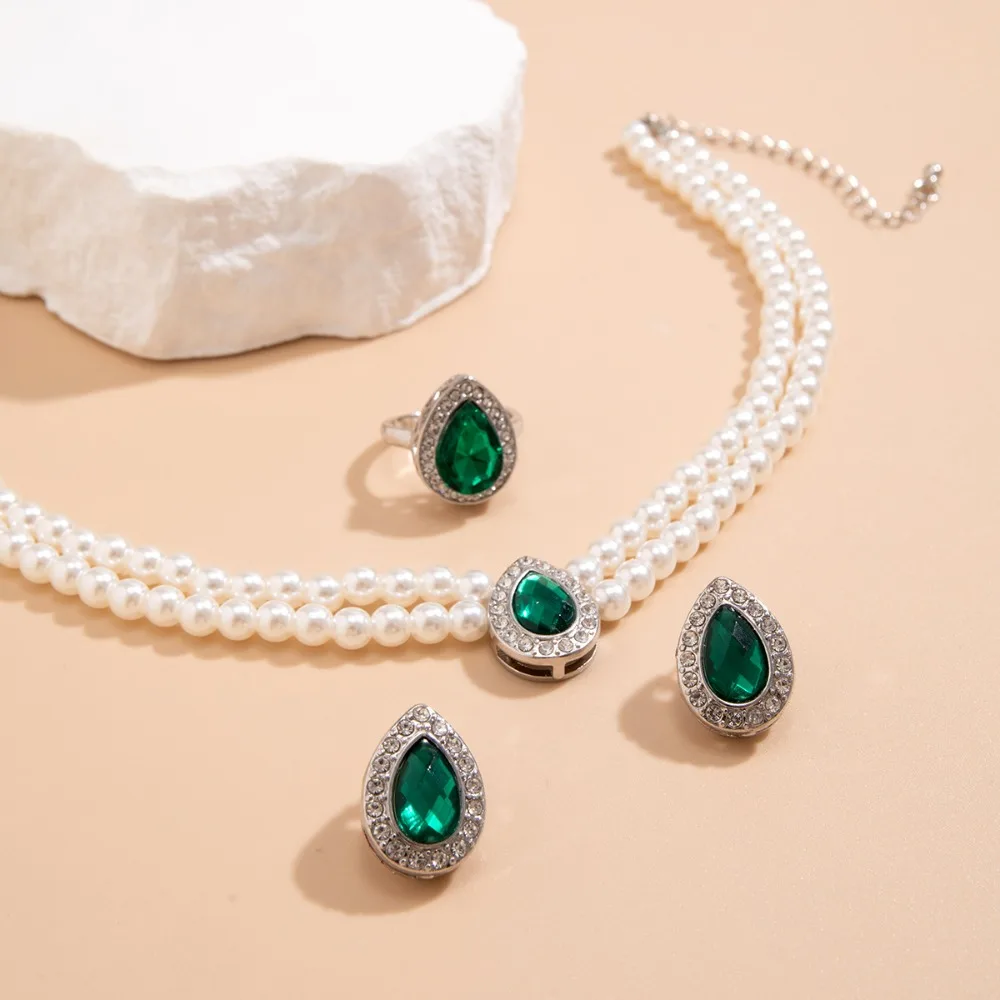 Green Crystal Pearl Pearl Necklace Earring Rings Set Double Layer Necklace Clavicle Choker Pearl Chain Beads Jewelry Accessories