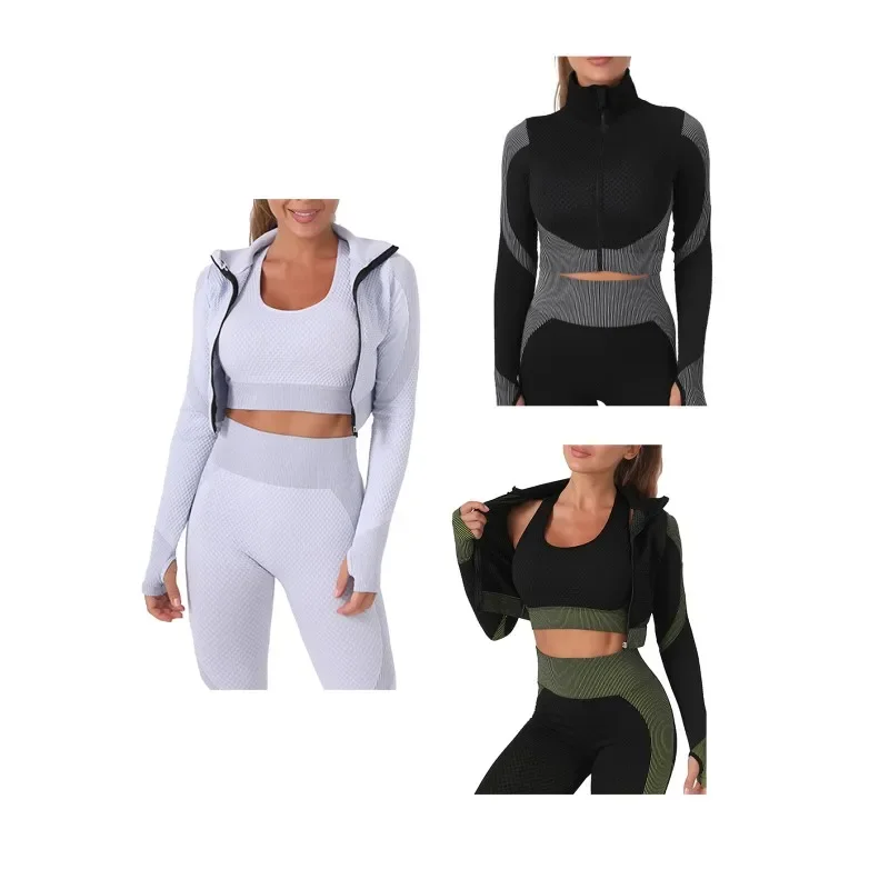 Women Tight Fitting Sports Quick Drying Yoga Suit Jacket Striped Sportwear Clothing