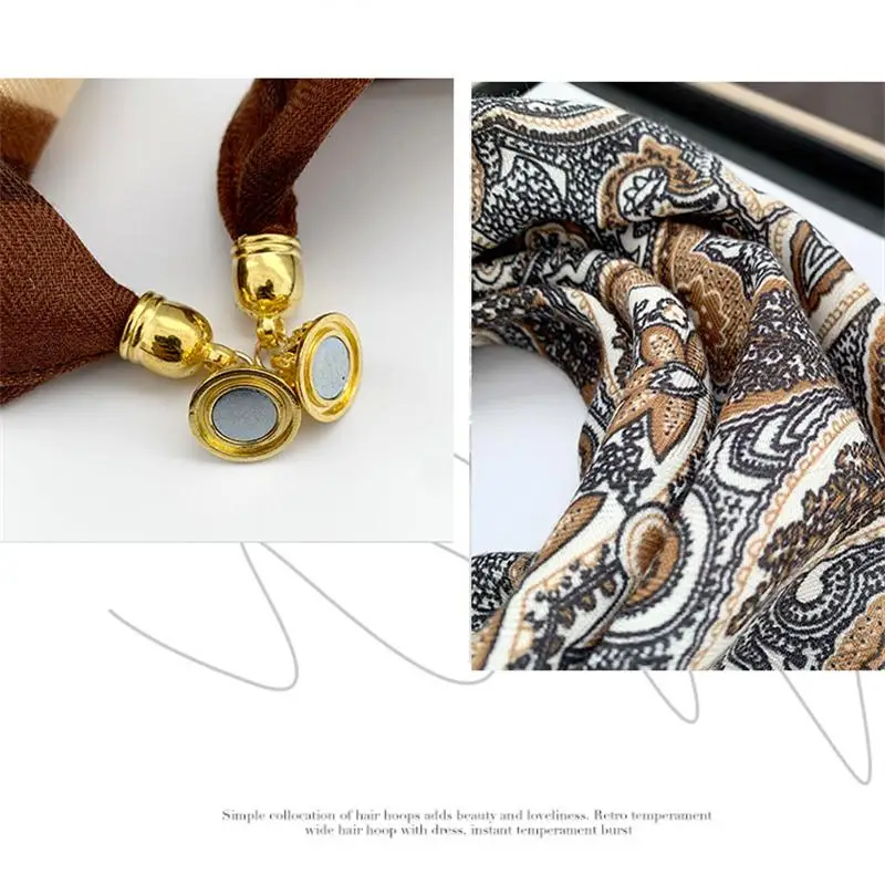 

70*70 Square Scarf Retro Print Silk Scarf With Magnetic Buckle Women Neck Scarf All-match Shawl Fashion Headscarf Accessory Gift