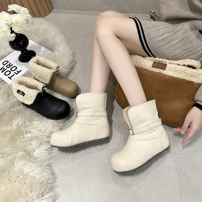 

Женские зимние ботинки 2025 года с невидимым увеличением роста на 7 см, на флисовой подкладке, на плоской подошве, с дизайном «Кукольная голова», утепленные, из хлопка