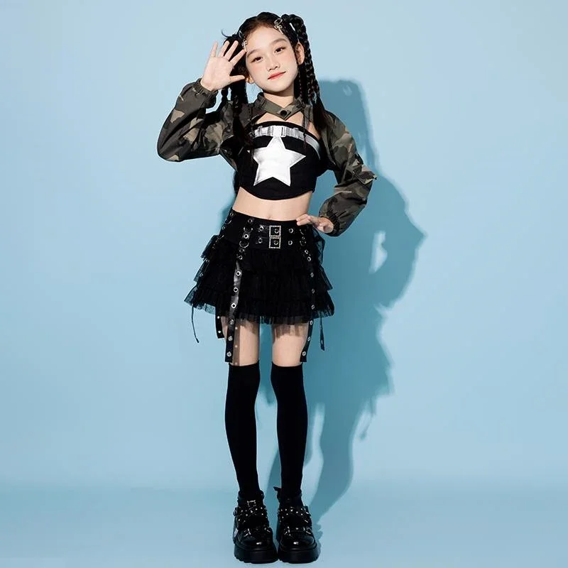 

Kid Jazz Dance Outfit Kpop Stage Costume Silver Tops Black Skirt Vest Fashion Show Stage Wear Kpop Girl Children Dance Suit