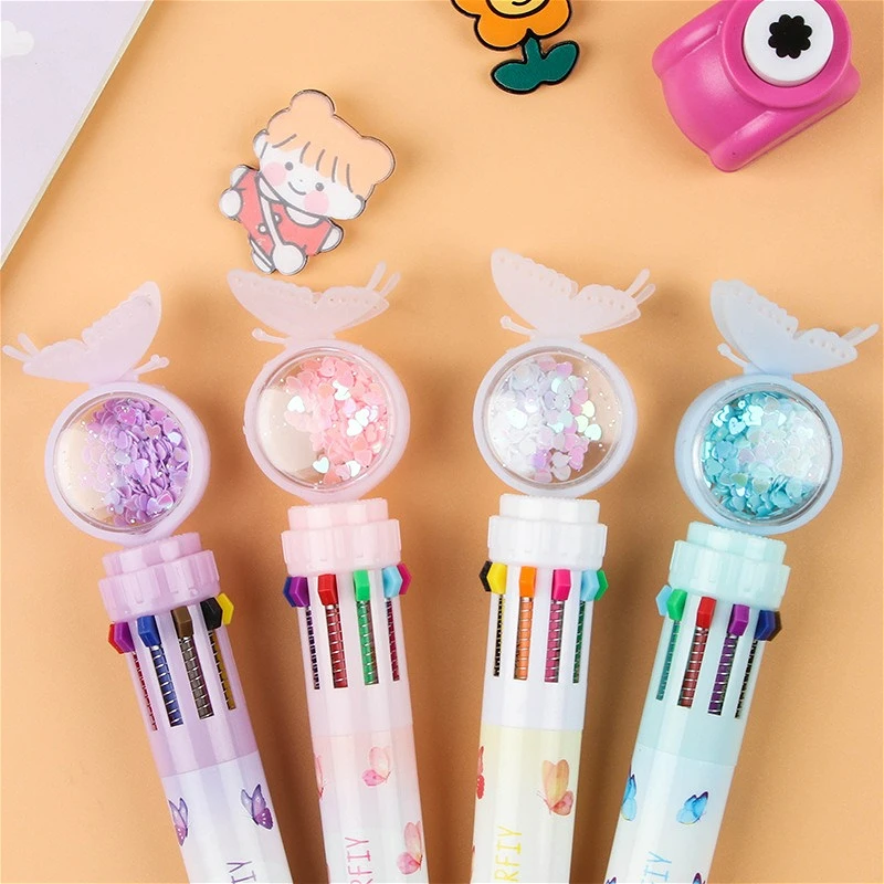 

5Pcs/Lot Creative Cute Multi-color Ballpoint Pen Student Multifunctional Press 10Color Cartoon Butterfly Ball Point Writing Tool