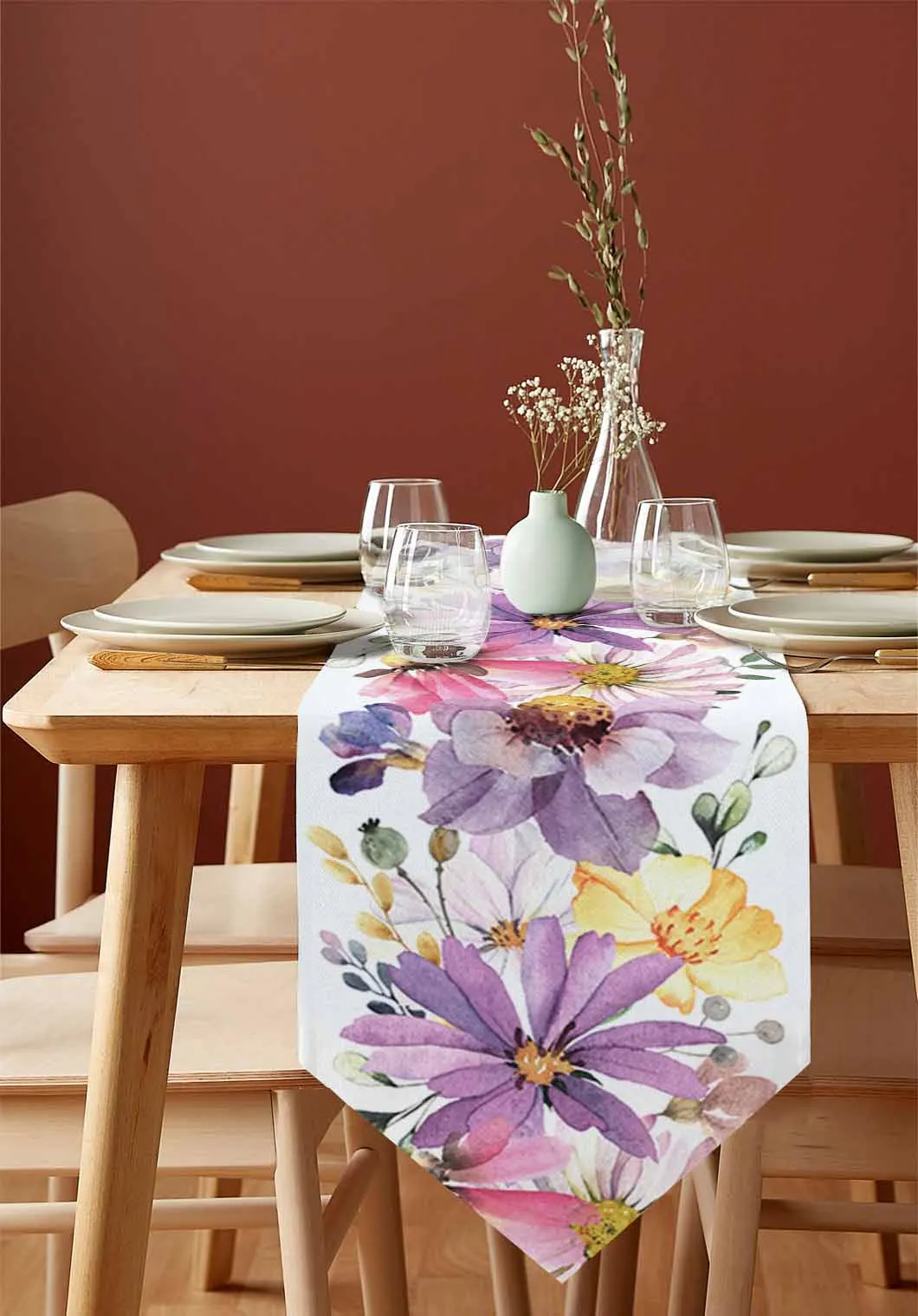 Pastoral Style Plants Wildflowers Table Runner Holiday Party Tablecloth Kitchen Dining Table Runners Wedding Decorations