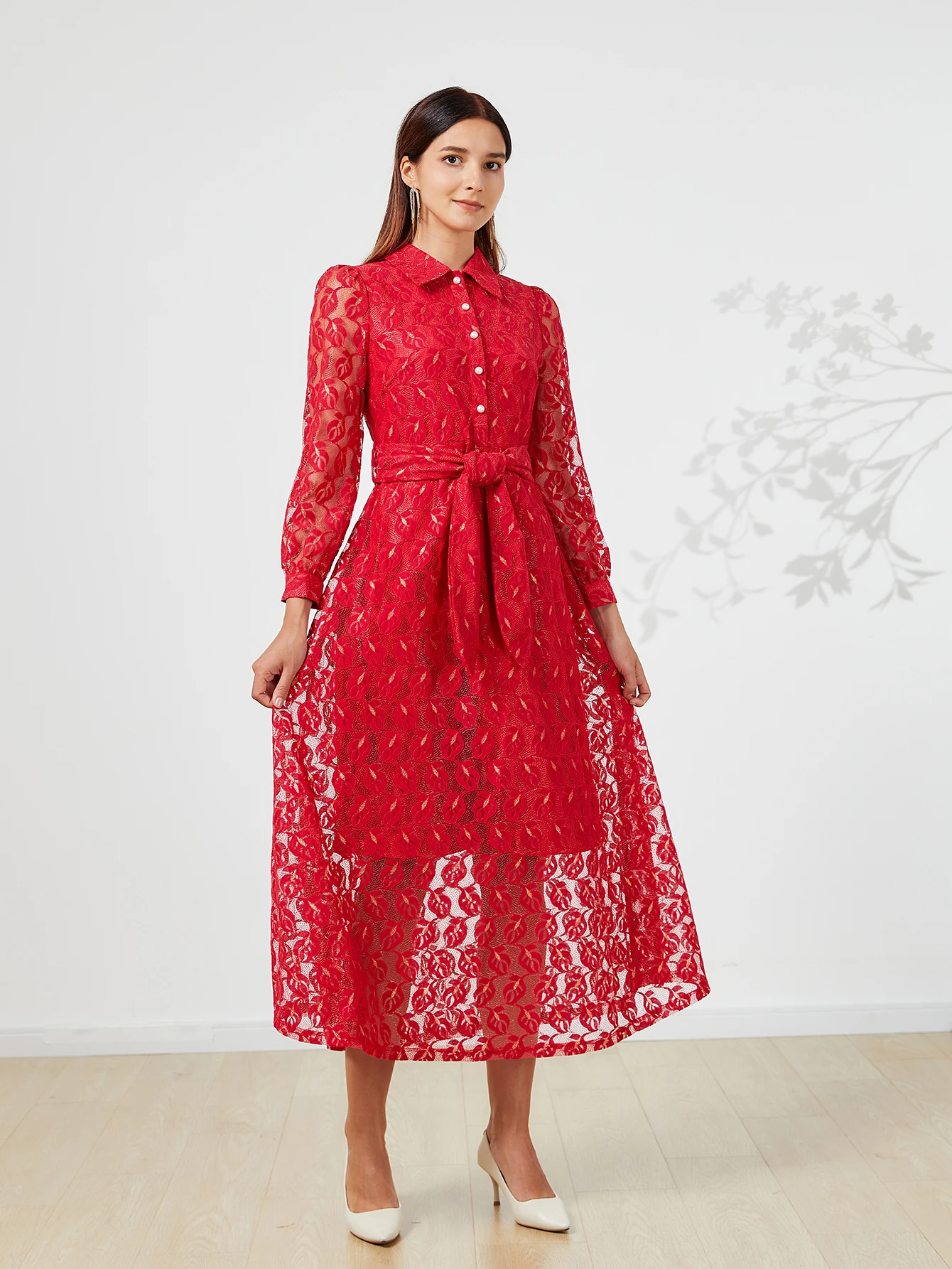 

Women's Elegant Lace Long Sleeve Dress Vintage Office Party Luxury Vestidos Turn Down Collar Dress Fashion Hollow Out Clothing