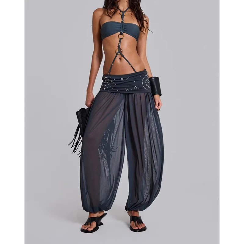 Women's Y2k Sheer See-through Harem Long Pants Studded Fold Over Waist Mesh Balloon Bloomers Trousers Loose Perspective Bottoms