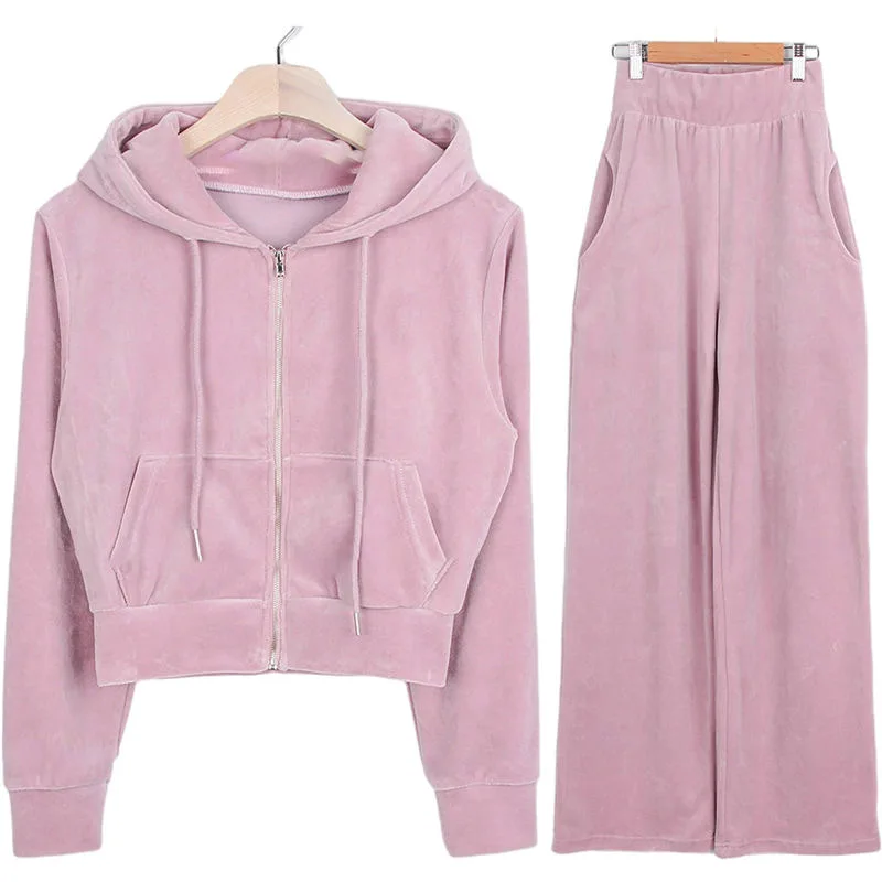 Pleuche Casual Slim Tracksuit Korea Hooded Sweatshirt Jackets Coats Tops Elastic High Waist Baggy Wide Leg Pants Two Piece Sets