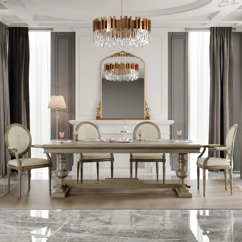 American country solid wood dining table, French weathered white retro dining table