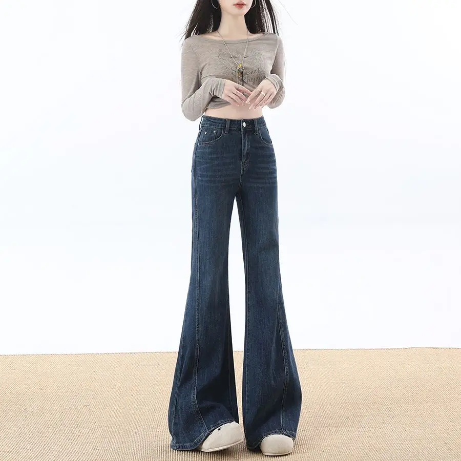 New Women's Retro Hong Kong Style Mermaid Flare Jeans, Hip Enhancing Slim Fit Bell Bottom Denim Pants