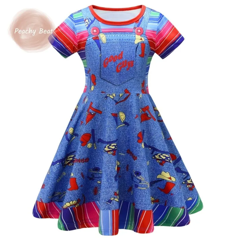 Fashion Baby Girl Chucky Custome Dress Short Sleeve Teens Child Cosplay Vestido Halloween Party Carnival Kids Clothes 4-8Y