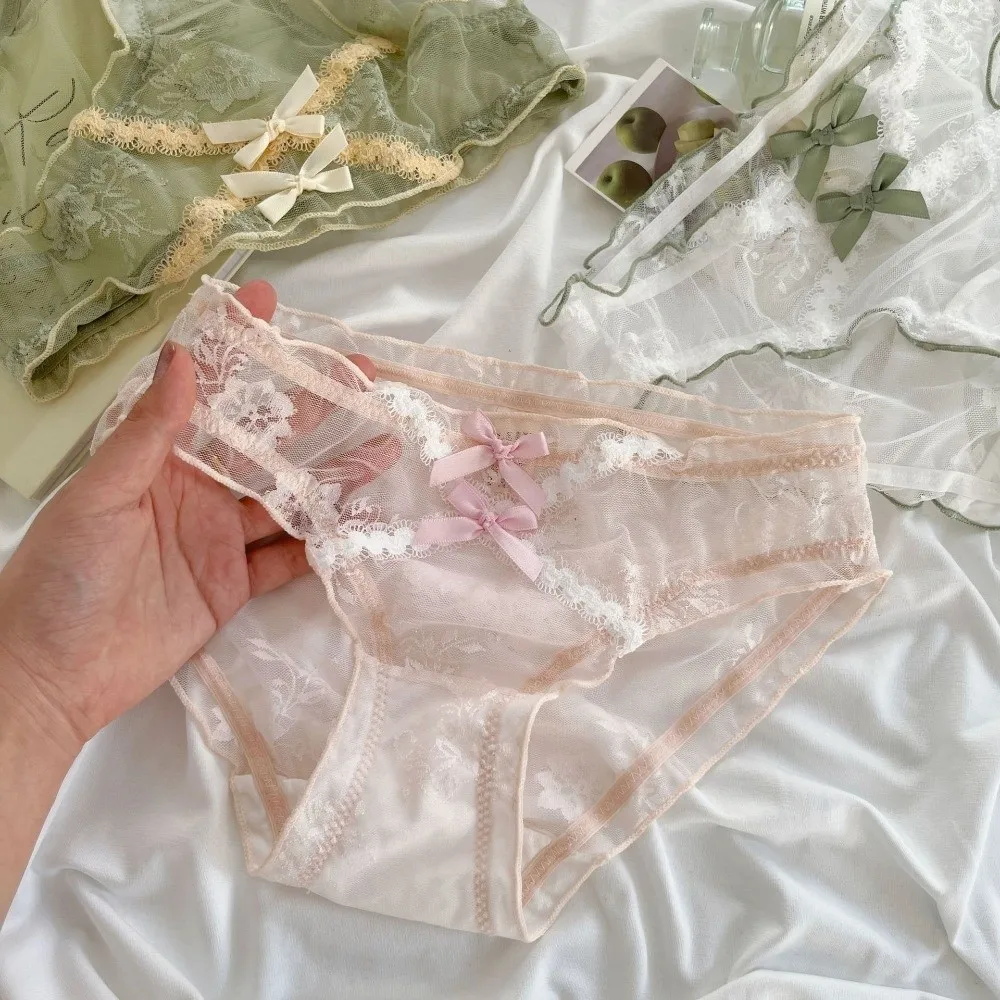 Summer Low Waist Lace Panties Bow Cotton Crotch Mesh Flower Briefs Transparent Lingerie Underwear for Women Lady