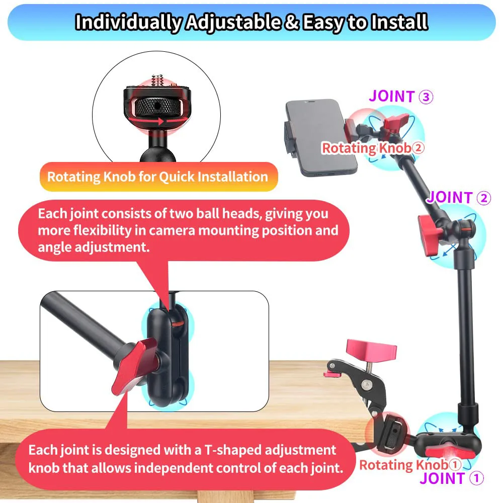 22 inch 57cm adjustable magic arm with super clip camera bracket hinged arm friction magic arm camera installation with 1/4 inch