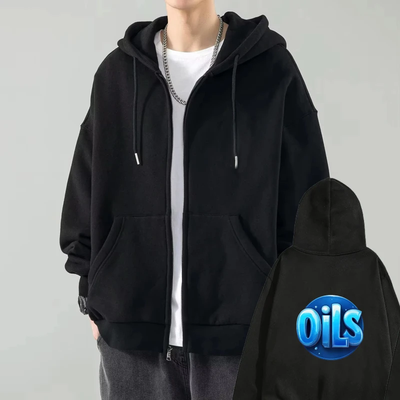 

Men's Hooded Jacket Black OILS Logo Print Casual Streetwear for Daily Wear and Outdoor Activities