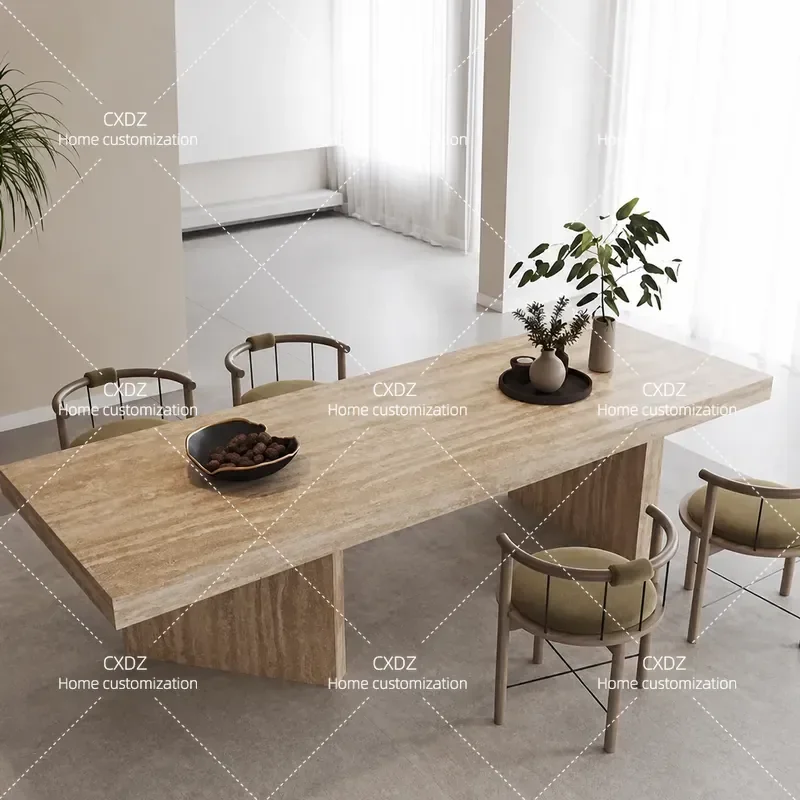 Nordic Light Luxury Natural Marble Dining Table for Hotel Villa B&B Restaurant Art Minimalist Travertine Desk