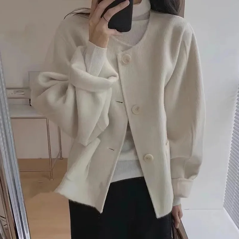 Sweet Warm Round Neck Woolen Coat Fall Winter New Women Loose Korean Wool Blend Overcoat Solid Single Breasted Abrigo Mujer