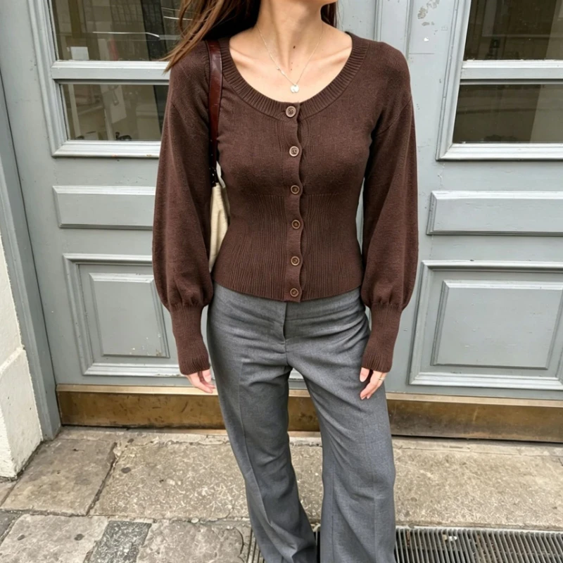 Tsiisd Ribbed Knit Cardigan Scoop Neck Balloon Sleeve Button Cropped Sweater Vintage Commuting Slim Outerwear Autumn Cardigan