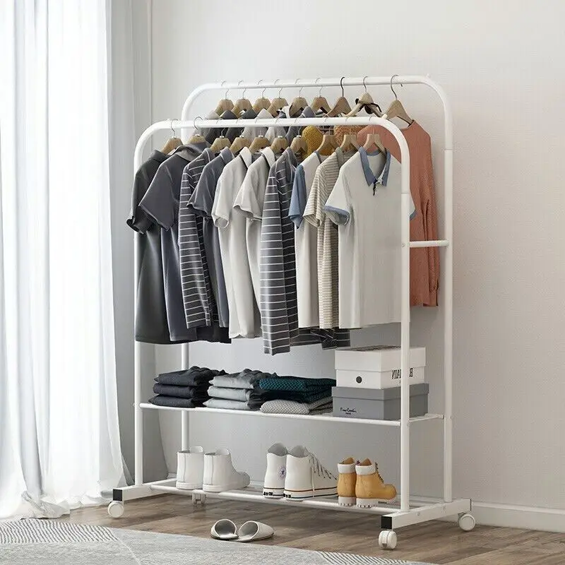 

Double Rail Rolling Garment Rack Clothes Hanging Stand Bedroom Living Room