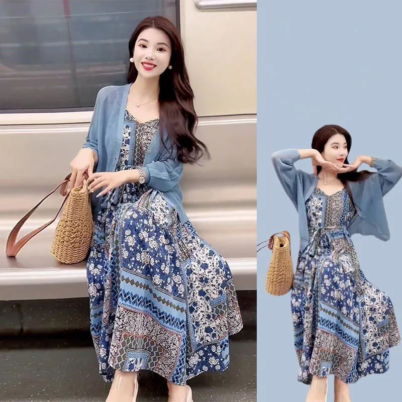 Fashion Bohemian Floral Printed Long Dress For Women High-end Blue Knit Cardigan Sweater Sling Dress 2 Pieces Sets French Dress