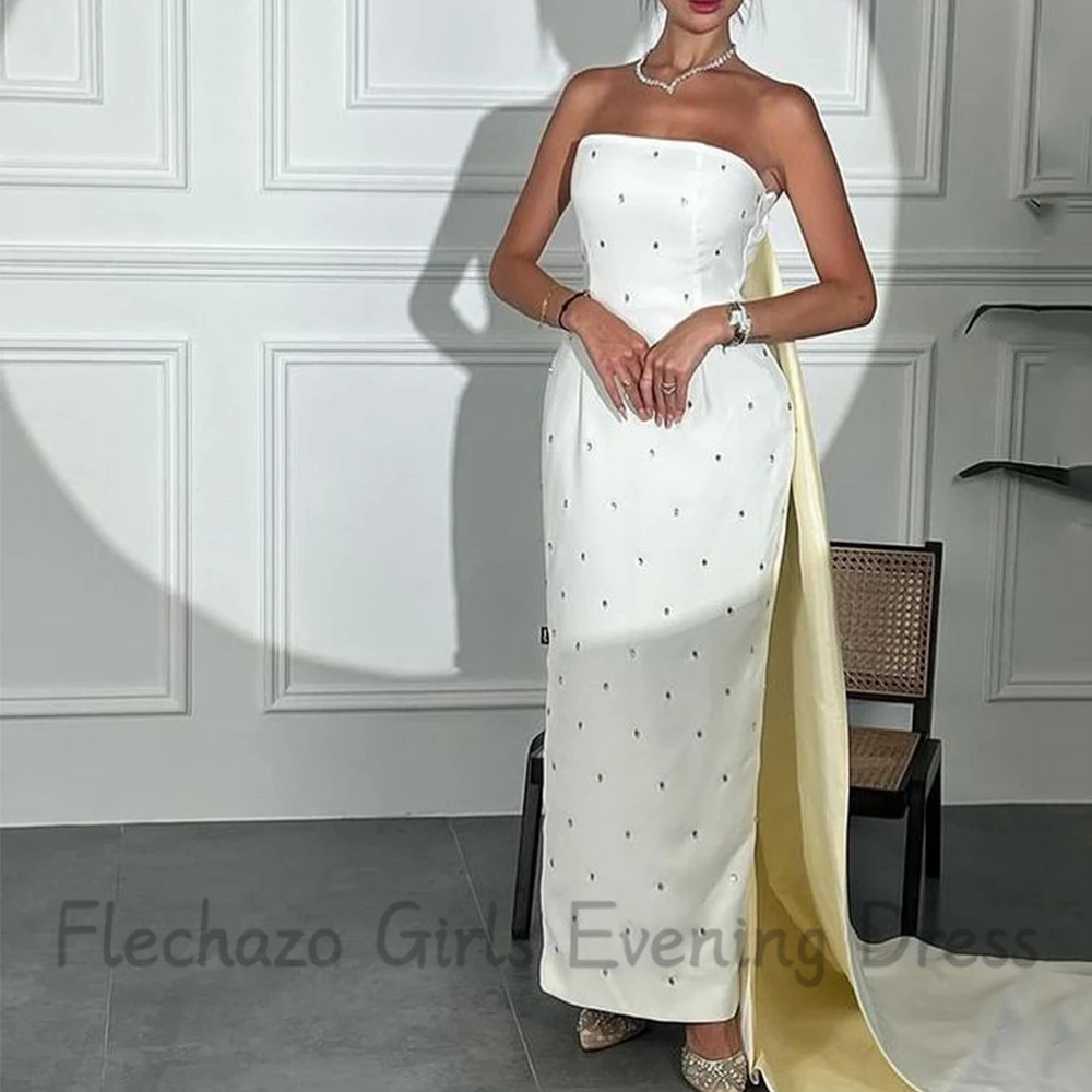 Flechazo Straight Ankle Length Evening Dress Strapless Sleeveless with Sweep Train Classic Satin Backless Ladies Banquet Gowns