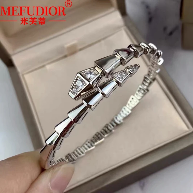 

925 Sterling Silver Jewelry White/Rose Gold Snake Bone Bangle Inlaid Moissanite Diamond Luxury Bracelet Party Gift for Women Man