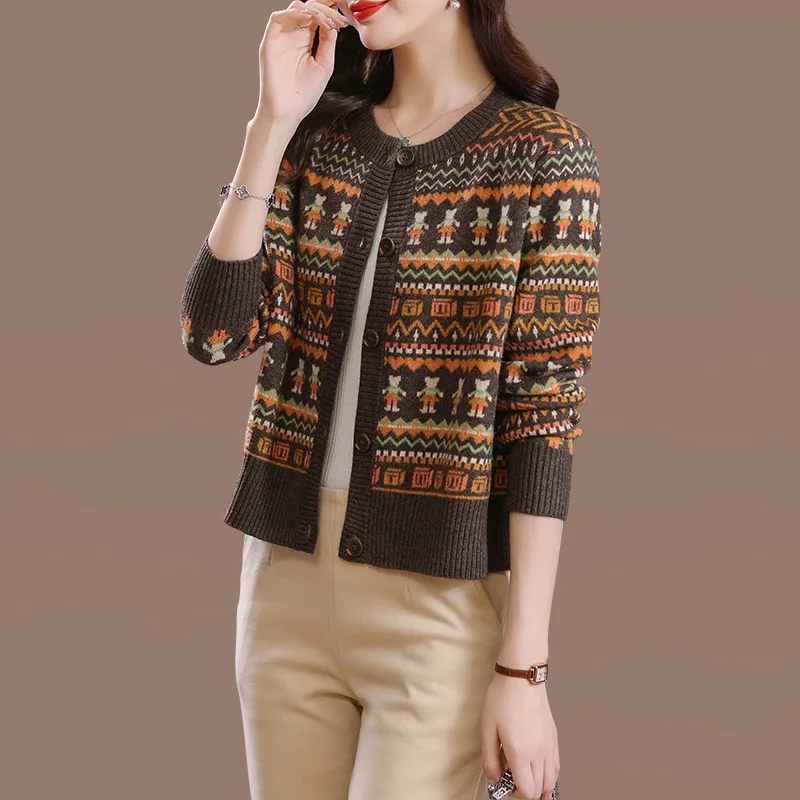 Long Sleeve Cardigan for Women, Jacquard Knit, Loose Sweater, Thin Streetwear, Korean Popular Clothes, Autumn and Winter