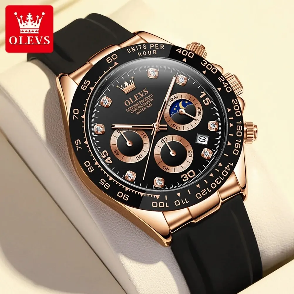 OLEVS 2875 Luxury Quartz Men Watch Silicone Strap Waterproof 24hour Moon Phase Chronograph Fashion Classic Sports Man Wristwatch