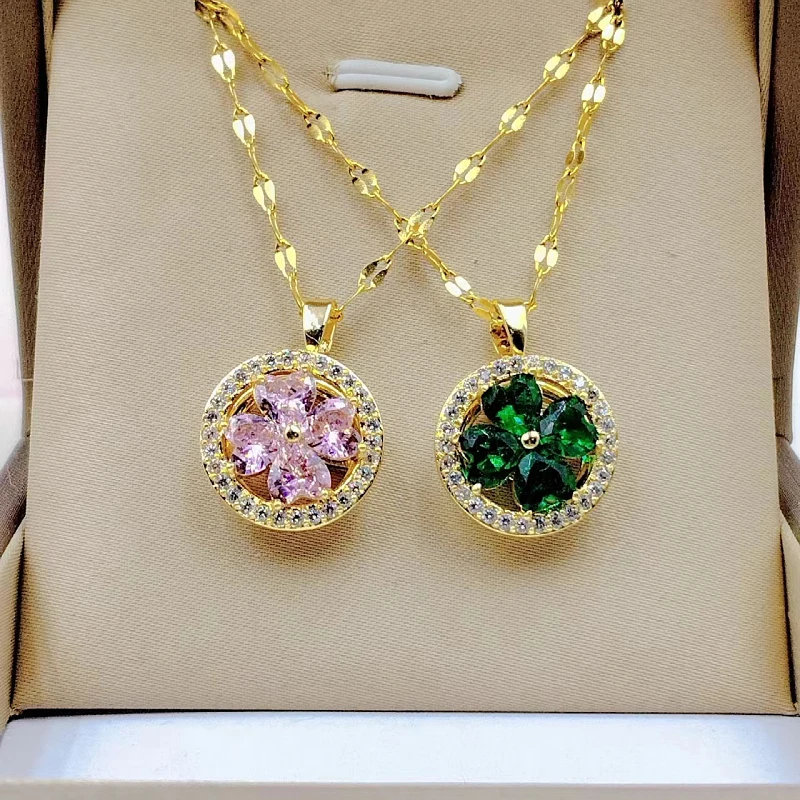 Fashion Charm Green Heart Necklace Classic Vintage Pink Flower Clover Heart Clavicle Chain Pendant Gift