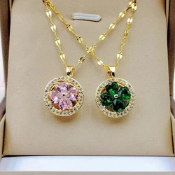 Fashion Charm Green Heart Necklace Classic Vintage Pink Flower Clover Heart Clavicle Chain Pendant Gift