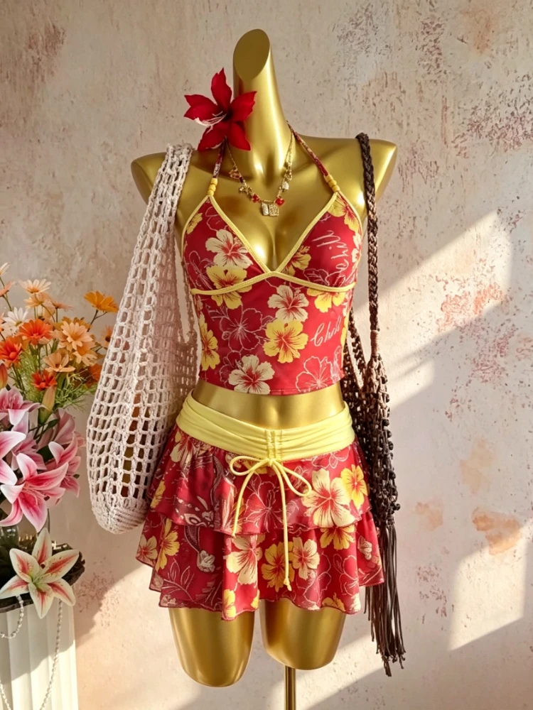 

Japanese Kawaii Women Y2K 3 Piece Swimwear Sweet Printed Ruffle Lolita Bikini Crop Top Skirt Set Summer Beach Holiday