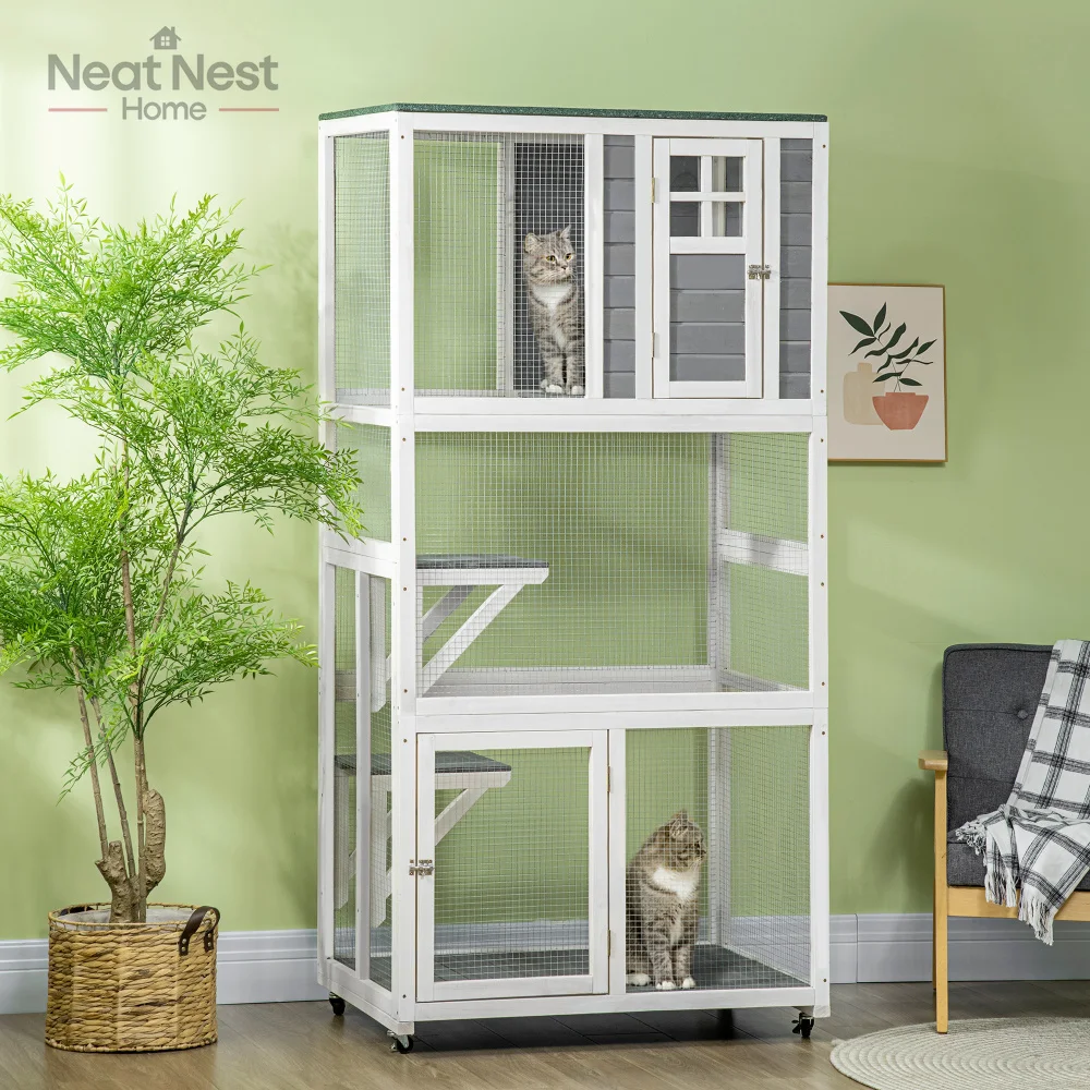 

Wooden Outdoor Cat House Weatherproof & Wheeled, Catio Outdoor Cat Enclosure with High Weight Capacity, Kitten Cage Condo, Gray