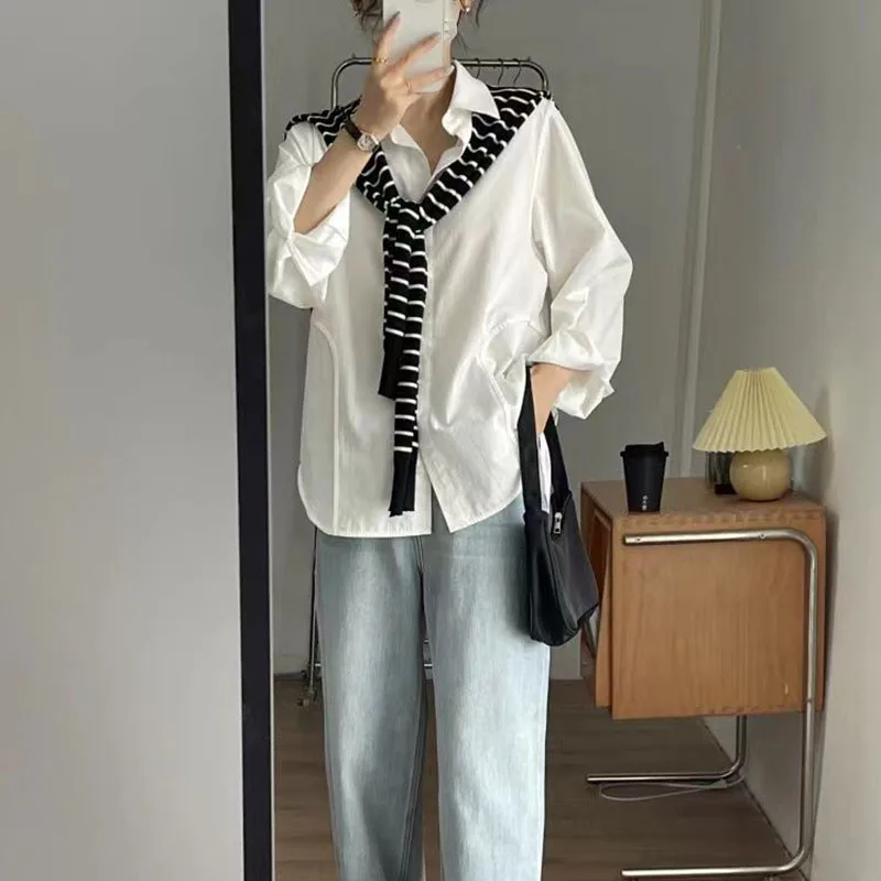 Lucyever White Long Sleeve Blouse Women Spring Summer New Loose Design Lapel Shirt Woman Korean Single-Breasted Office Shirts