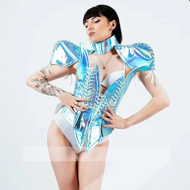 

Future Technology Drag Queen Dance Costume Nightclub Bar Stage Performance Clothes Laser Leather Armor Shoulder Bandage Bodysuit