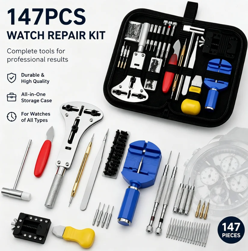 Kit d'outils de réparation de montres multifonctionnel de 147 pièces, ouvre-boîtier de montre pour le remplacement de la batterie