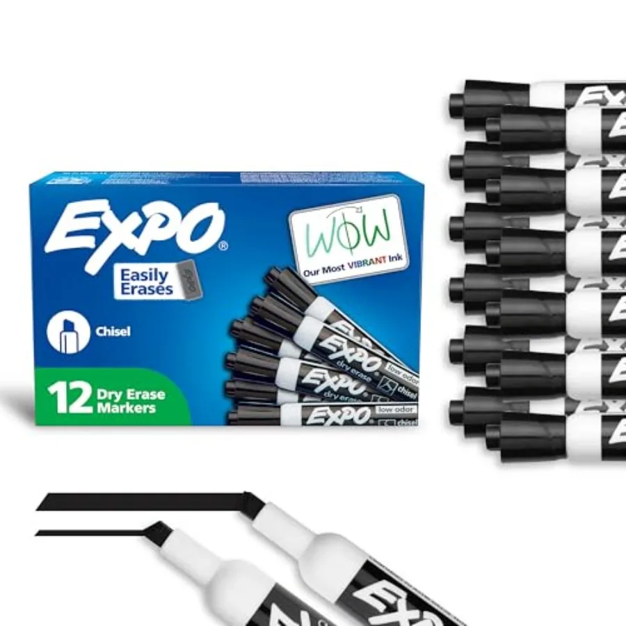 

Dry Erase Markers, Low Odor Ink, Black, Chisel Tip, 12 Count - Whiteboard, Calendar, Organization, Essential Supplies for Offic